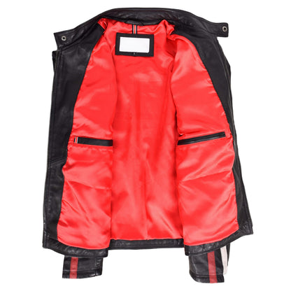 Mens Leather Biker Jacket Motorsport Logos Bobby Black - genuine leather jacket in black with four outer pockets