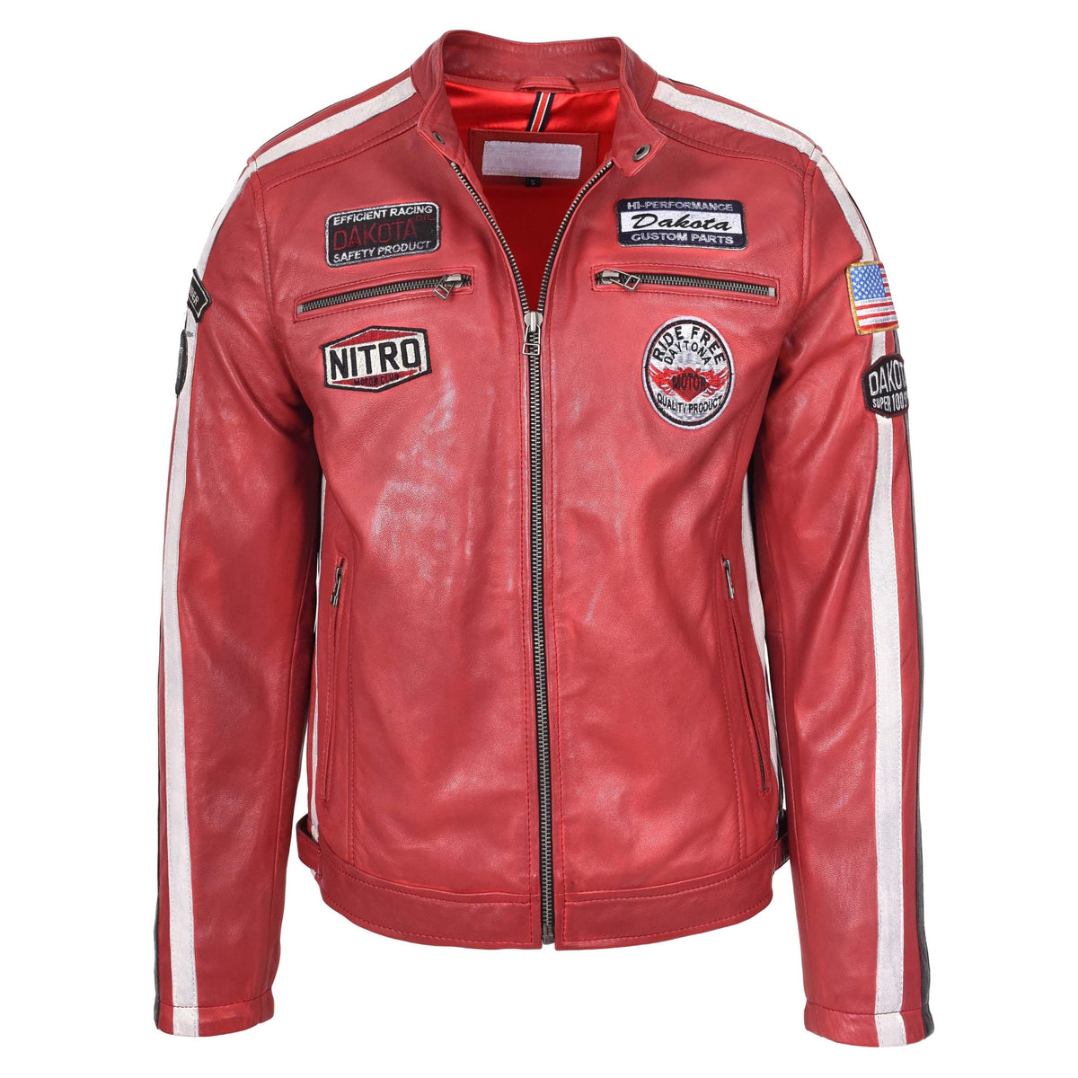 Mens Leather Biker Jacket Motorsport Logos Bobby Red - genuine leather jacket in red with four outer pockets