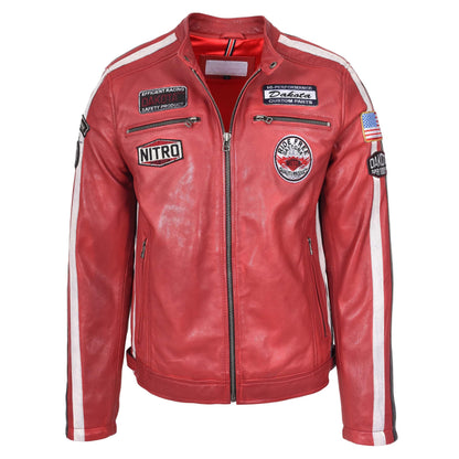 Mens Leather Biker Jacket Motorsport Logos Bobby Red - genuine leather jacket in red with four outer pockets