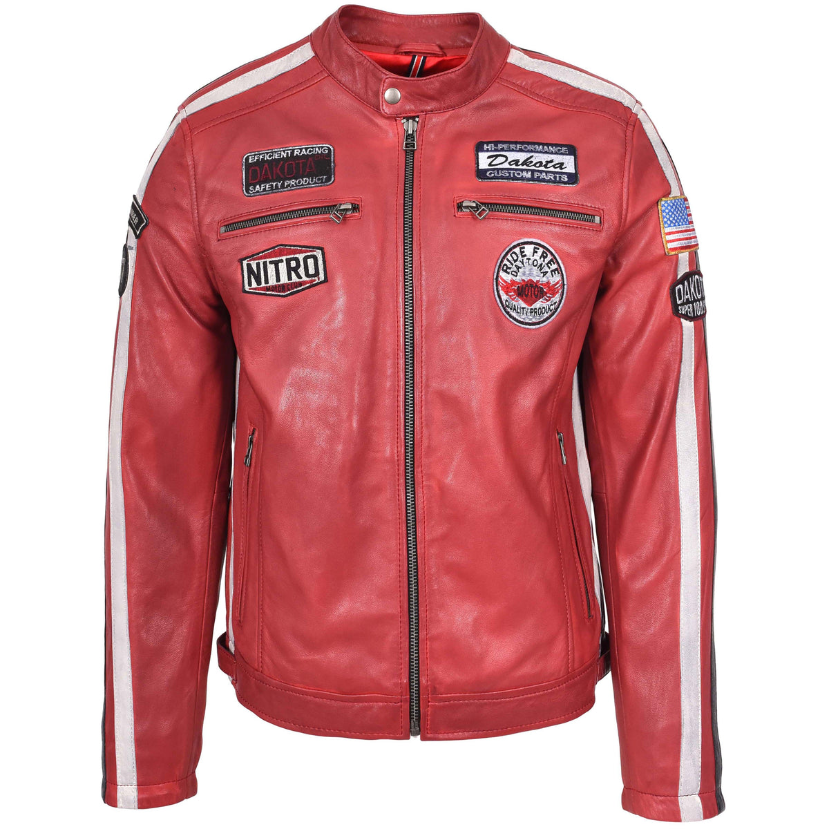 Mens Leather Biker Jacket Motorsport Logos Bobby Red - genuine leather jacket in red with biker