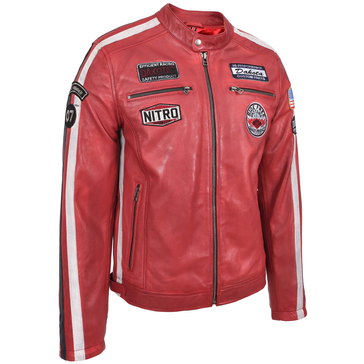 Mens Leather Biker Jacket Motorsport Logos Bobby Red - genuine leather jacket in red with four outer pockets