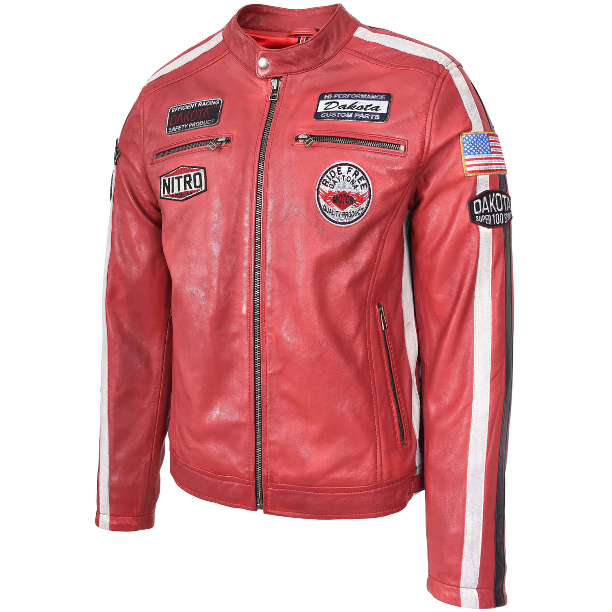 Mens Leather Biker Jacket Motorsport Logos Bobby Red - genuine leather jacket in red with biker