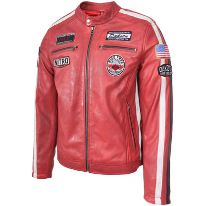 Mens Leather Biker Jacket Motorsport Logos Bobby Red - genuine leather jacket in red with biker