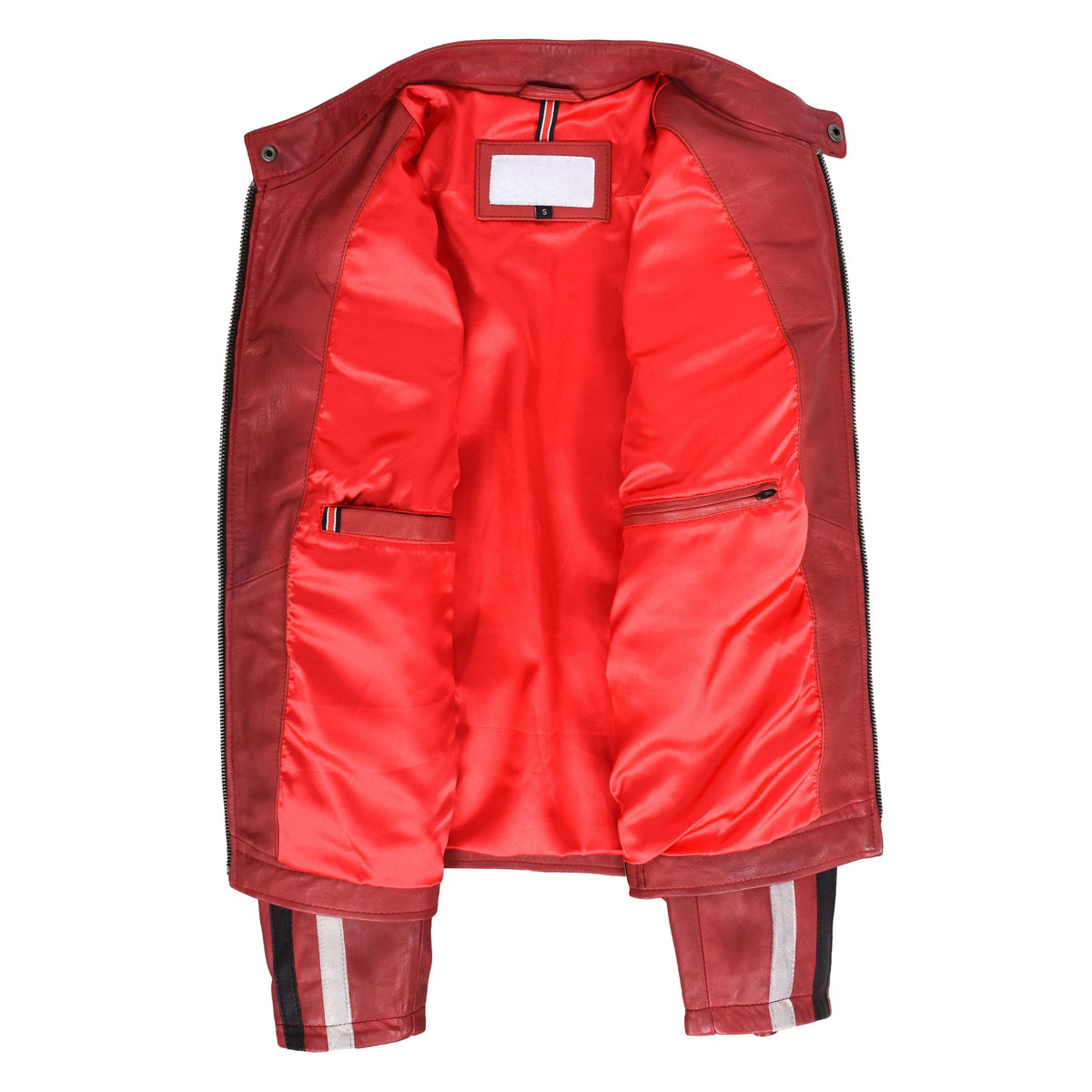 Mens Leather Biker Jacket Motorsport Logos Bobby Red - genuine leather jacket in red with four outer pockets