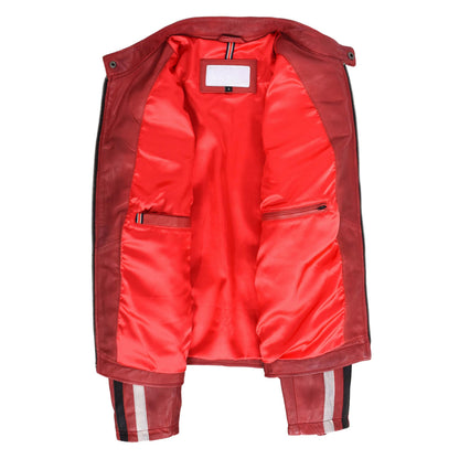Mens Leather Biker Jacket Motorsport Logos Bobby Red - genuine leather jacket in red with four outer pockets