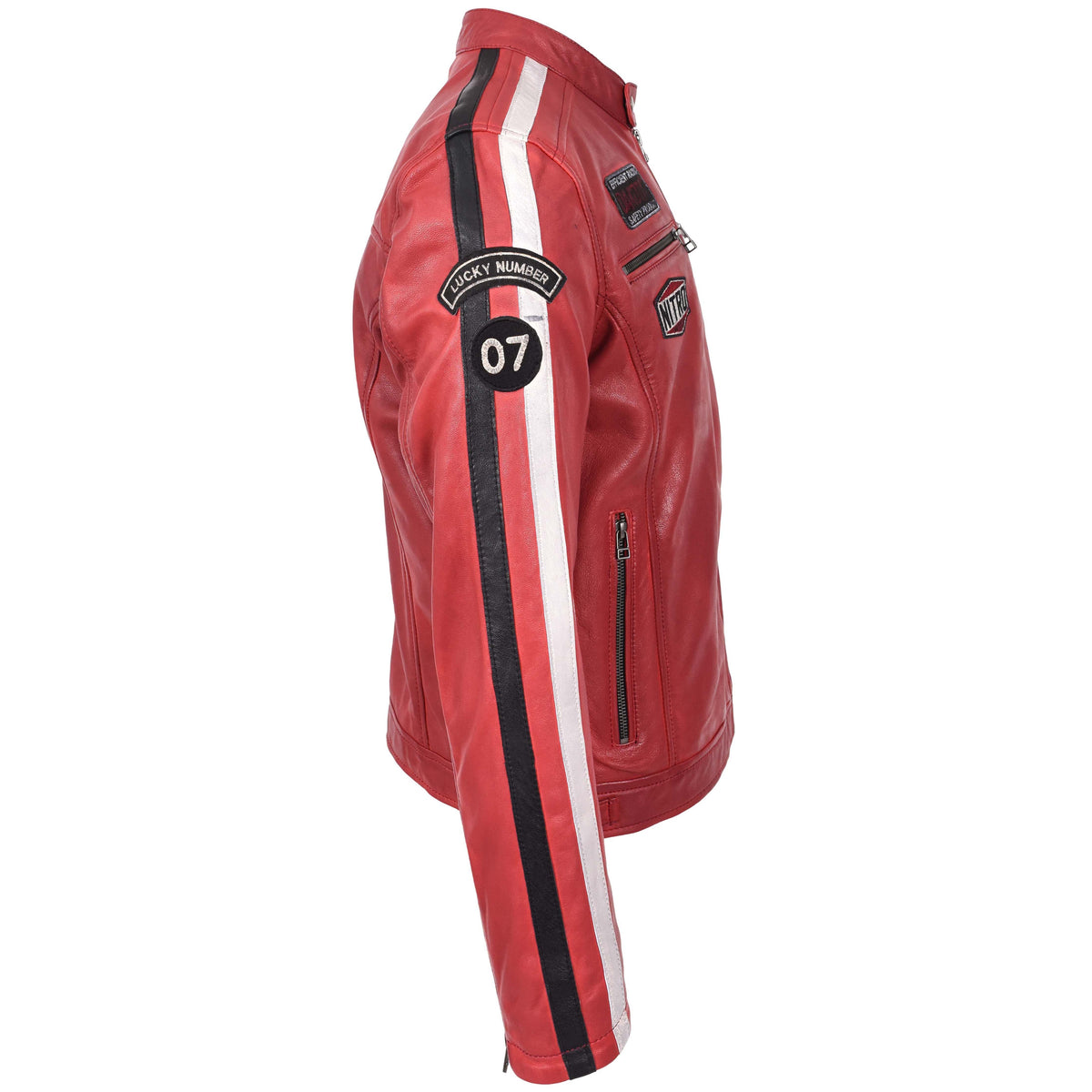 Mens Leather Biker Jacket Motorsport Logos Bobby Red - genuine leather jacket in red with four outer pockets