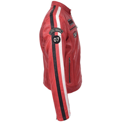 Mens Leather Biker Jacket Motorsport Logos Bobby Red - genuine leather jacket in red with four outer pockets