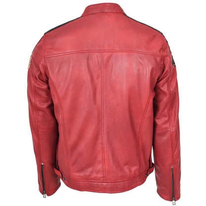 Mens Leather Biker Jacket Motorsport Logos Bobby Red - genuine leather jacket in red with biker
