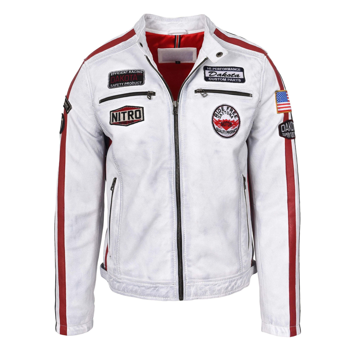 Mens Leather Biker Jacket Motorsport Logos Bobby Vintage White - genuine leather jacket in vintage white with four outer pockets