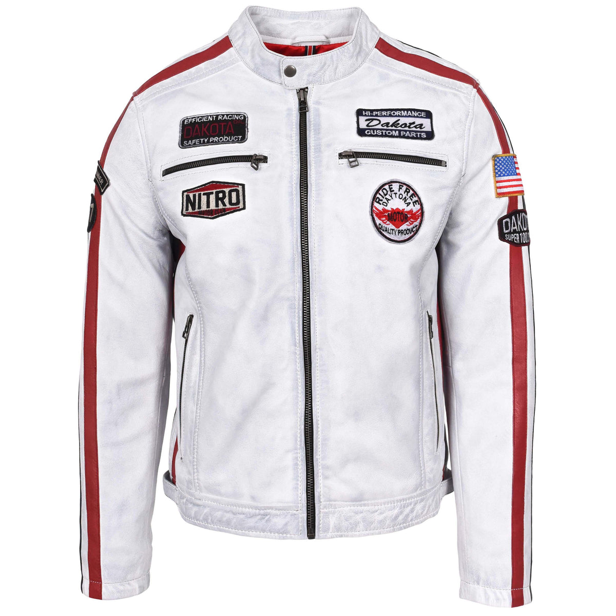 Mens Leather Biker Jacket Motorsport Logos Bobby Vintage White - genuine leather jacket in vintage white with vintage