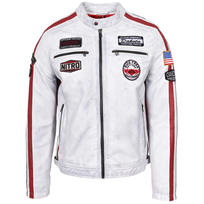 Mens Leather Biker Jacket Motorsport Logos Bobby Vintage White - genuine leather jacket in vintage white with vintage