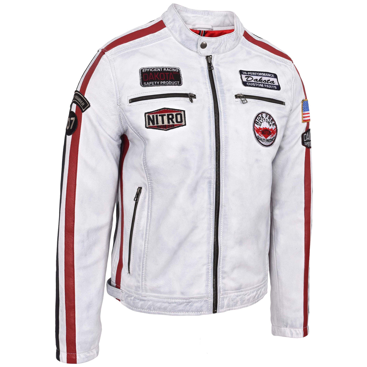 Mens Leather Biker Jacket Motorsport Logos Bobby Vintage White - genuine leather jacket in vintage white with biker