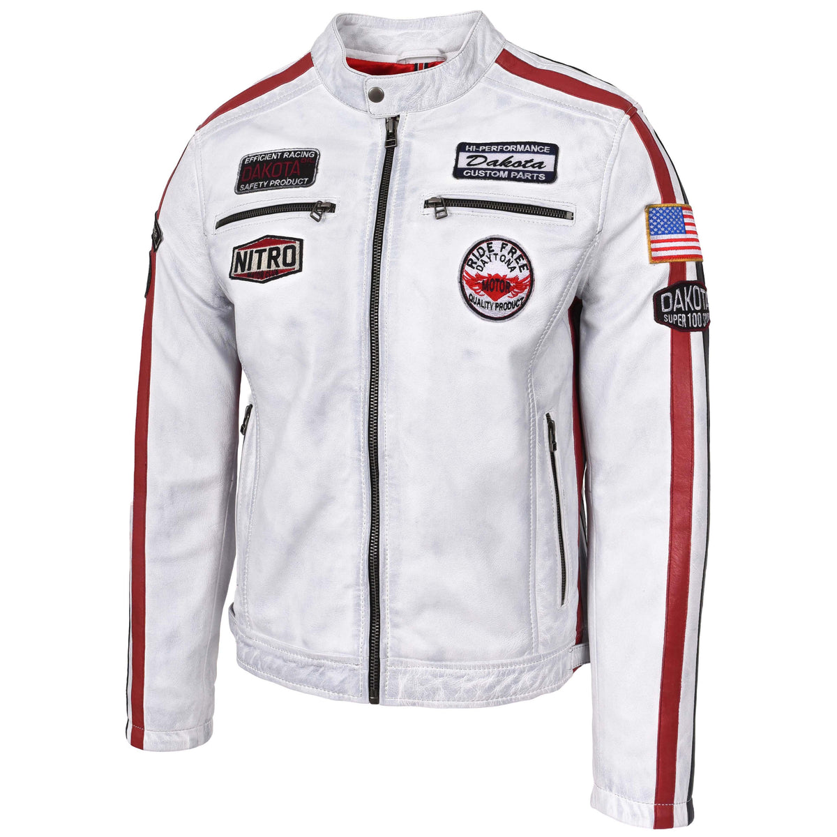 Mens Leather Biker Jacket Motorsport Logos Bobby Vintage White - genuine leather jacket in vintage white with four outer pockets