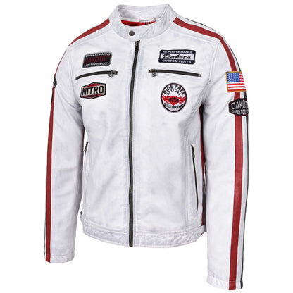 Mens Leather Biker Jacket Motorsport Logos Bobby Vintage White - genuine leather jacket in vintage white with four outer pockets