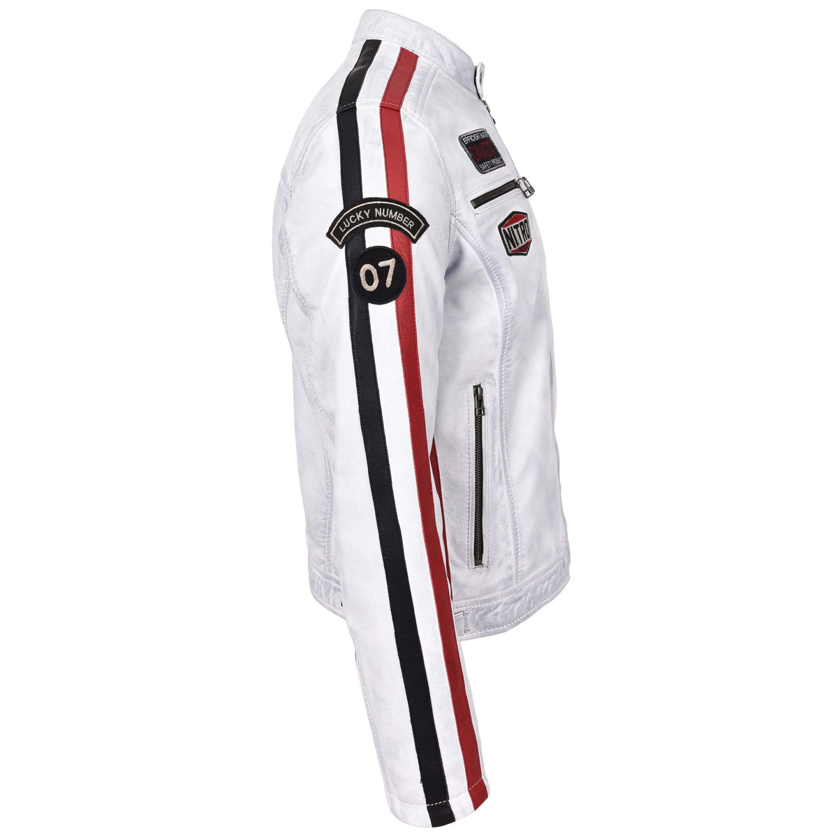 Mens Leather Biker Jacket Motorsport Logos Bobby Vintage White - genuine leather jacket in vintage white with vintage