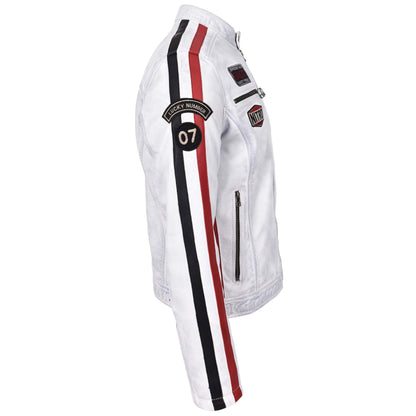 Mens Leather Biker Jacket Motorsport Logos Bobby Vintage White - genuine leather jacket in vintage white with vintage