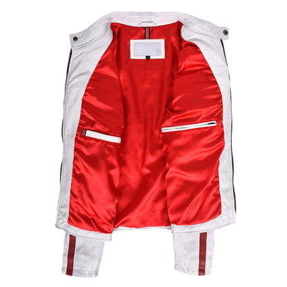 Mens Leather Biker Jacket Motorsport Logos Bobby Vintage White - genuine leather jacket in vintage white with four outer pockets