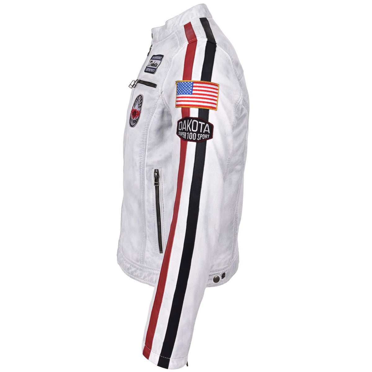 Mens Leather Biker Jacket Motorsport Logos Bobby Vintage White - genuine leather jacket in vintage white with biker
