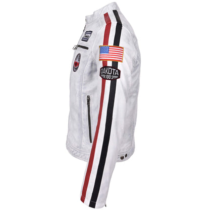 Mens Leather Biker Jacket Motorsport Logos Bobby Vintage White - genuine leather jacket in vintage white with biker