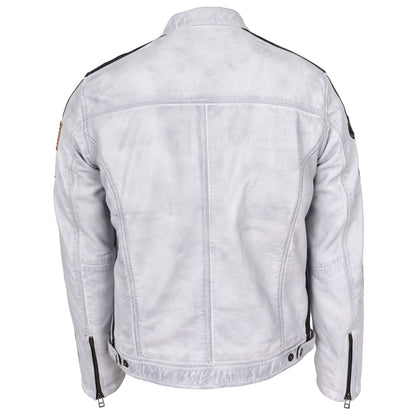 Mens Leather Biker Jacket Motorsport Logos Bobby Vintage White - genuine leather jacket in vintage white with vintage