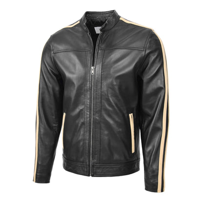 Mens Leather Biker Jacket with Racing Stripes Clyde Black - genuine leather jacket in black with racing