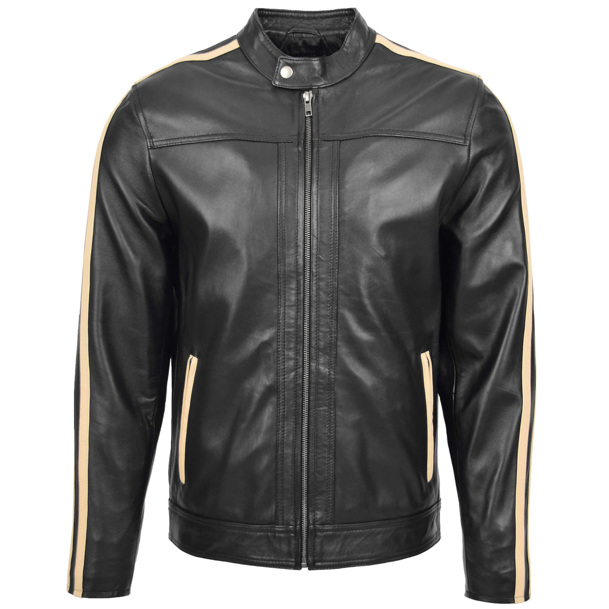 Mens Leather Biker Jacket with Racing Stripes Clyde Black - genuine leather jacket in black with two outer pockets