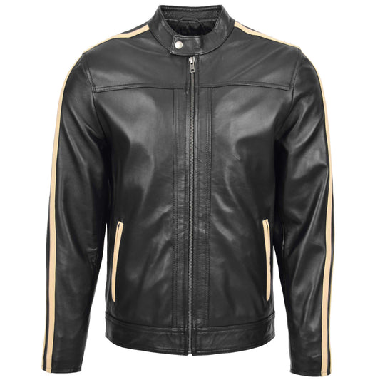 Mens Leather Biker Jacket with Racing Stripes Clyde Black - genuine leather jacket in black with two outer pockets