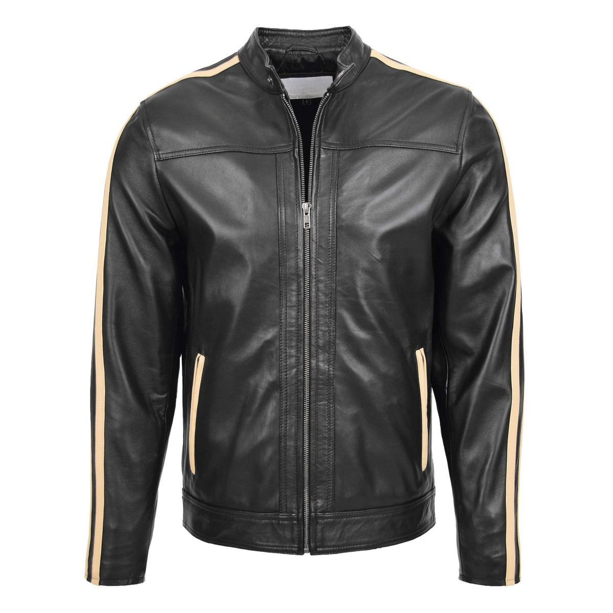 Mens Leather Biker Jacket with Racing Stripes Clyde Black - genuine leather jacket in black with biker