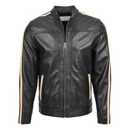 Mens Leather Biker Jacket with Racing Stripes Clyde Black - genuine leather jacket in black with biker