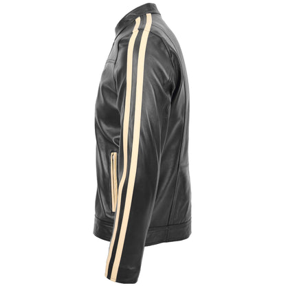 Mens Leather Biker Jacket with Racing Stripes Clyde Black - genuine leather jacket in black with two outer pockets