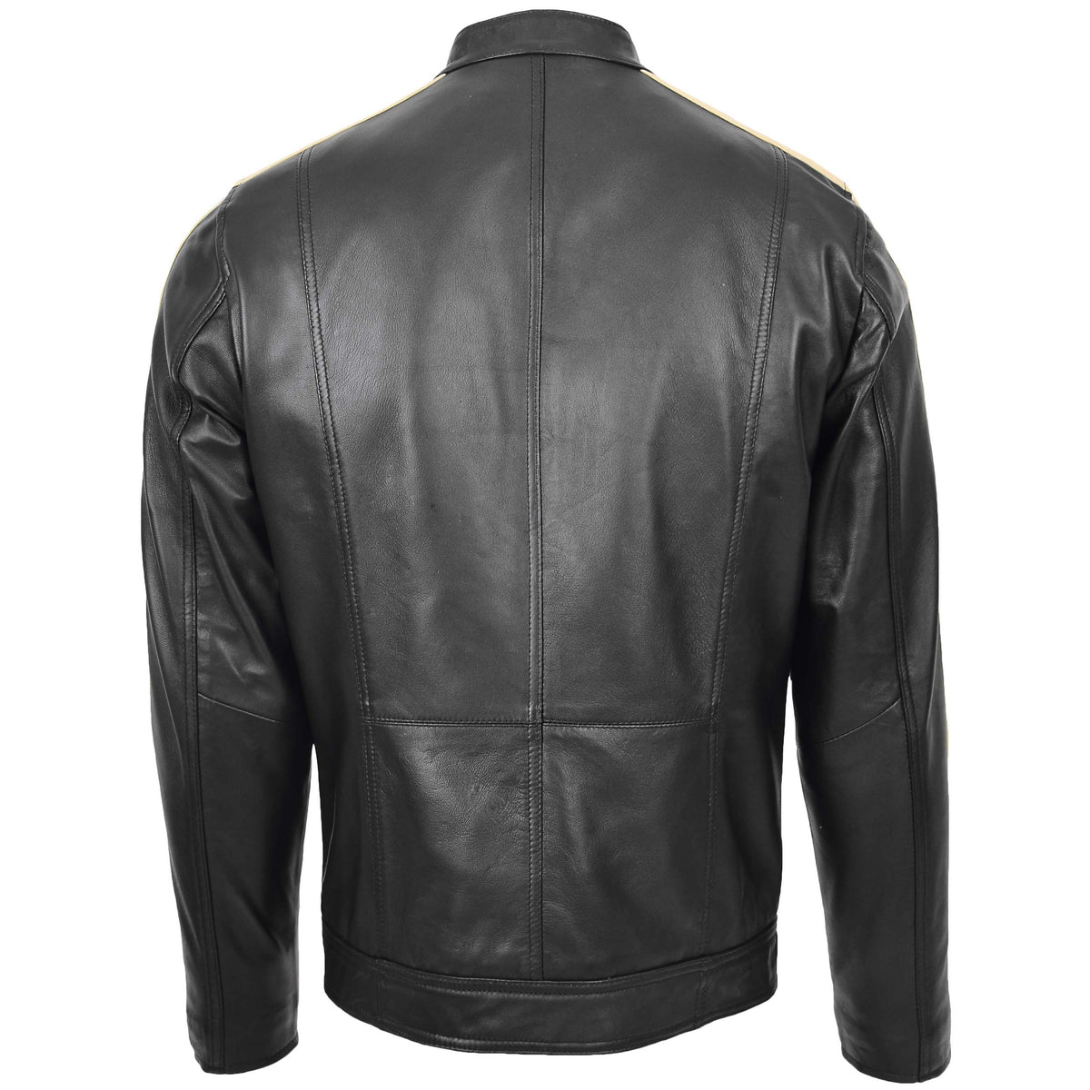 Mens Leather Biker Jacket with Racing Stripes Clyde Black - genuine leather jacket in black with racing