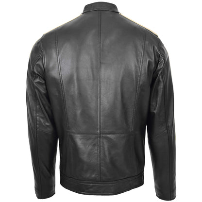 Mens Leather Biker Jacket with Racing Stripes Clyde Black - genuine leather jacket in black with racing