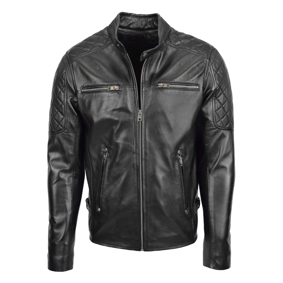 Mens Leather Biker Style Jacket with Quilt Detail Jackson Black - genuine leather jacket in black with four outer pockets