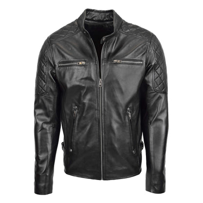 Mens Leather Biker Style Jacket with Quilt Detail Jackson Black - genuine leather jacket in black with four outer pockets