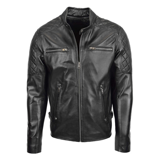 Mens Leather Biker Style Jacket with Quilt Detail Jackson Black - genuine leather jacket in black with four outer pockets