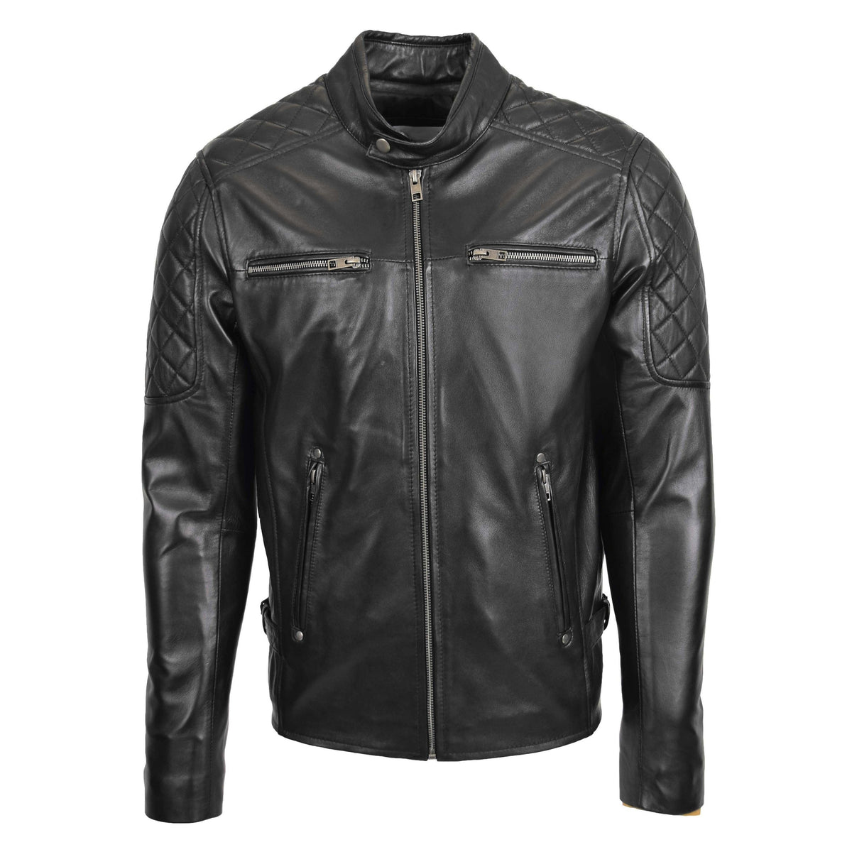 Mens Leather Biker Style Jacket with Quilt Detail Jackson Black - genuine leather jacket in black with biker