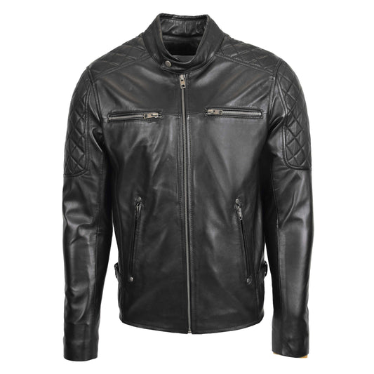 Mens Leather Biker Style Jacket with Quilt Detail Jackson Black - genuine leather jacket in black with biker