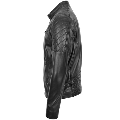 Mens Leather Biker Style Jacket with Quilt Detail Jackson Black - genuine leather jacket in black with four outer pockets