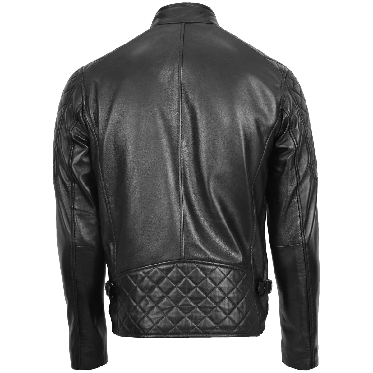 Mens Leather Biker Style Jacket with Quilt Detail Jackson Black - genuine leather jacket in black with four outer pockets