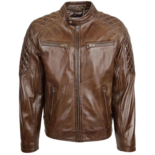 Mens Leather Biker Style Jacket with Quilt Detail Jackson Timber Brown - genuine leather jacket in brown with four outer pockets