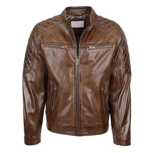 Mens Leather Biker Style Jacket with Quilt Detail Jackson Timber Brown - genuine leather jacket in brown with biker