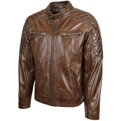Mens Leather Biker Style Jacket with Quilt Detail Jackson Timber Brown - genuine leather jacket in brown with four outer pockets