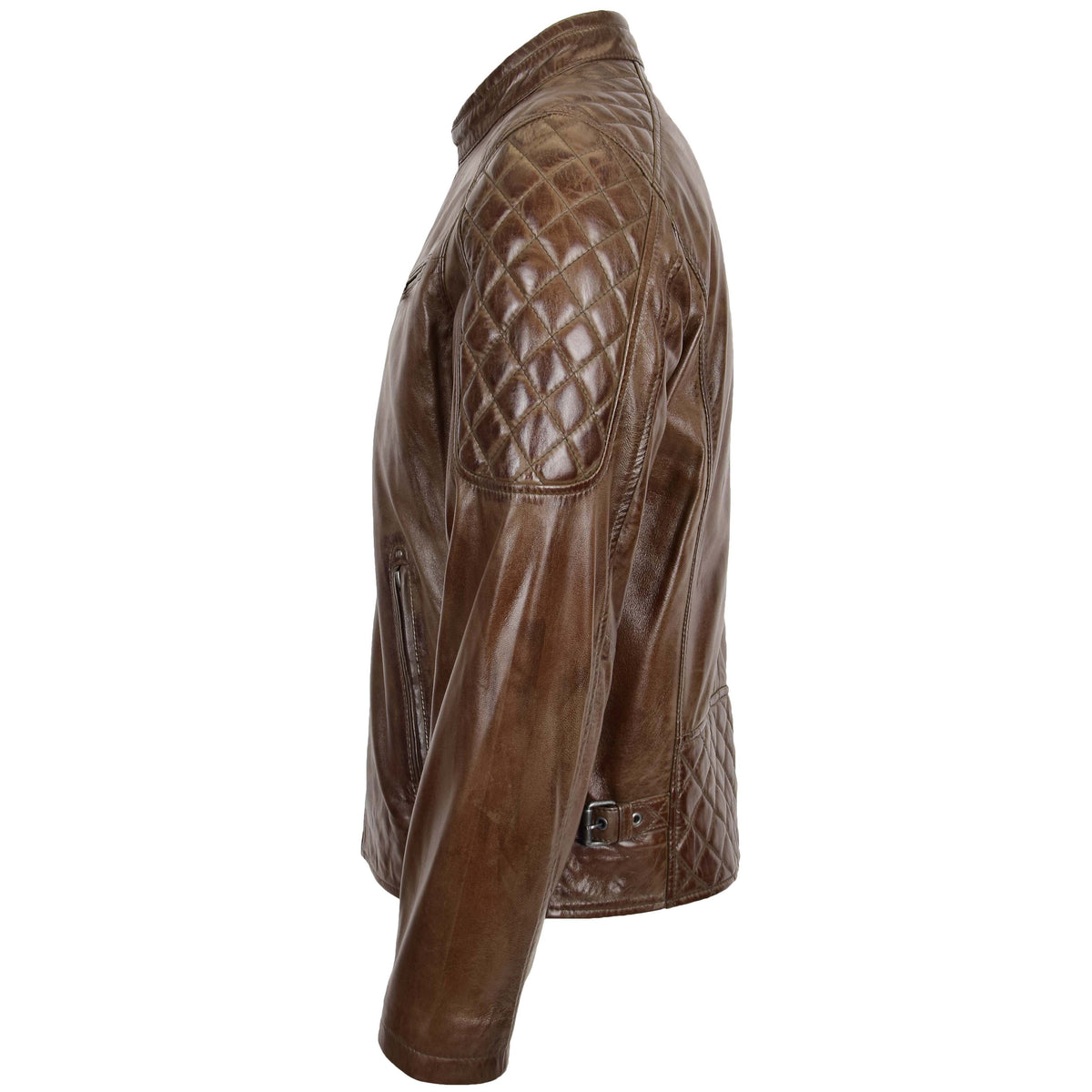 Mens Leather Biker Style Jacket with Quilt Detail Jackson Timber Brown - genuine leather jacket in brown with biker