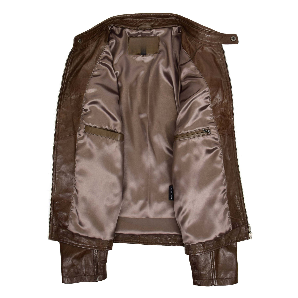 Mens Leather Biker Style Jacket with Quilt Detail Jackson Timber Brown - genuine leather jacket in brown with four outer pockets