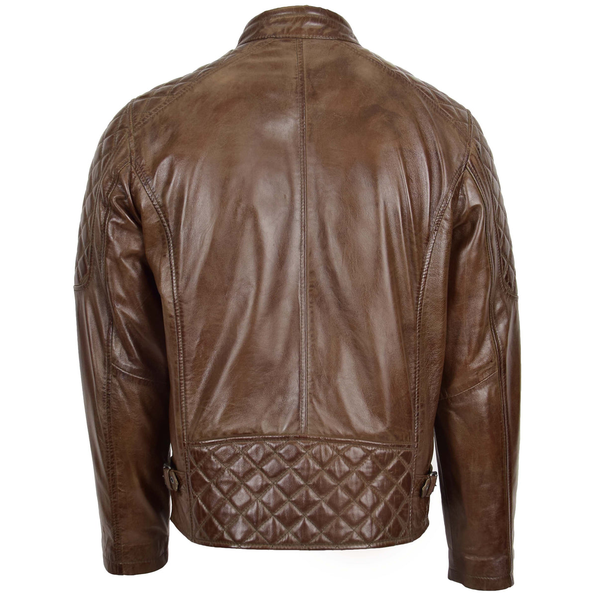 Mens Leather Biker Style Jacket with Quilt Detail Jackson Timber Brown - genuine leather jacket in brown with biker
