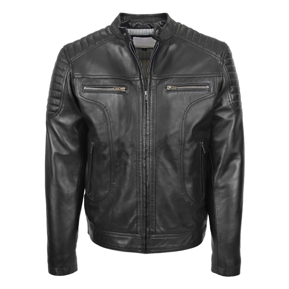 Mens Leather Biker Style Zip Jacket Eddie Black - genuine leather jacket in black with four outer pockets