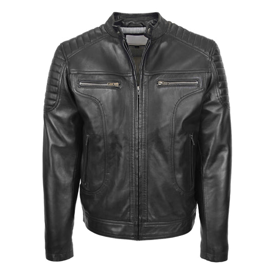 Mens Leather Biker Style Zip Jacket Eddie Black - genuine leather jacket in black with four outer pockets