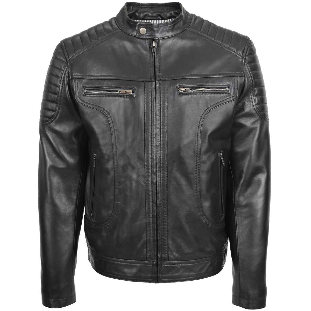 Mens Leather Biker Style Zip Jacket Eddie Black - genuine leather jacket in black with biker