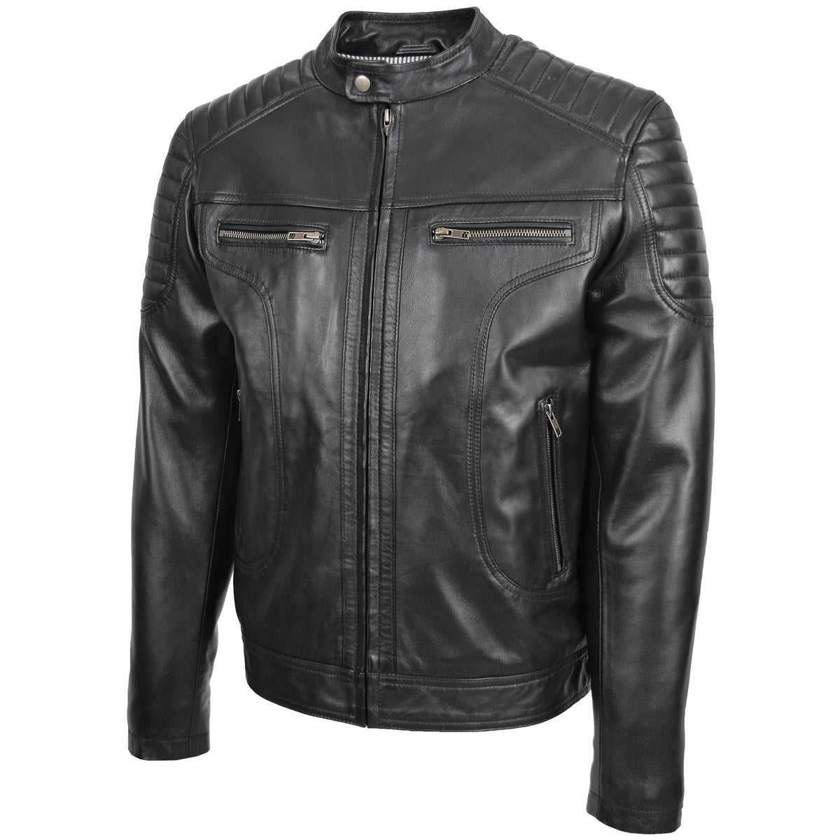 Mens Leather Biker Style Zip Jacket Eddie Black - genuine leather jacket in black with four outer pockets