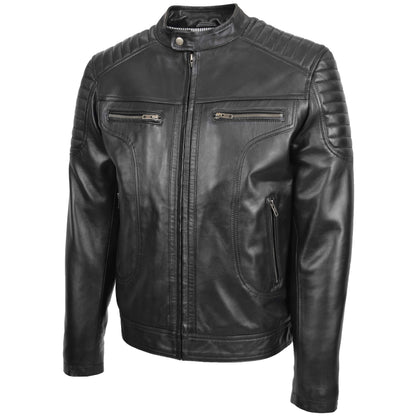 Mens Leather Biker Style Zip Jacket Eddie Black - genuine leather jacket in black with four outer pockets